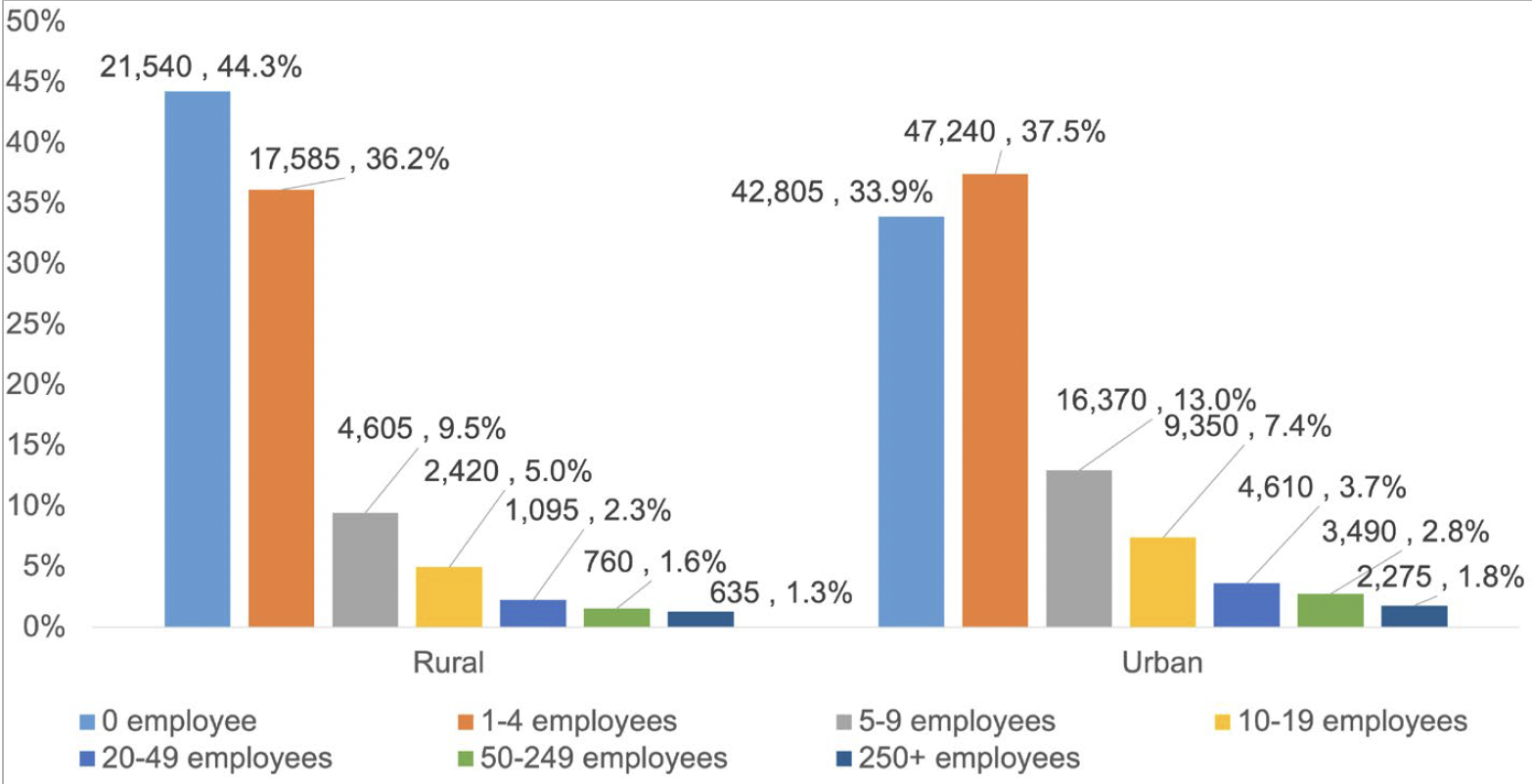 Bar chart showing the proportion and number of registered private sector businesses by urban/rural classification and employee size band. It shows that a larger proportion of business in rural areas in Scotland have 0 employees. 